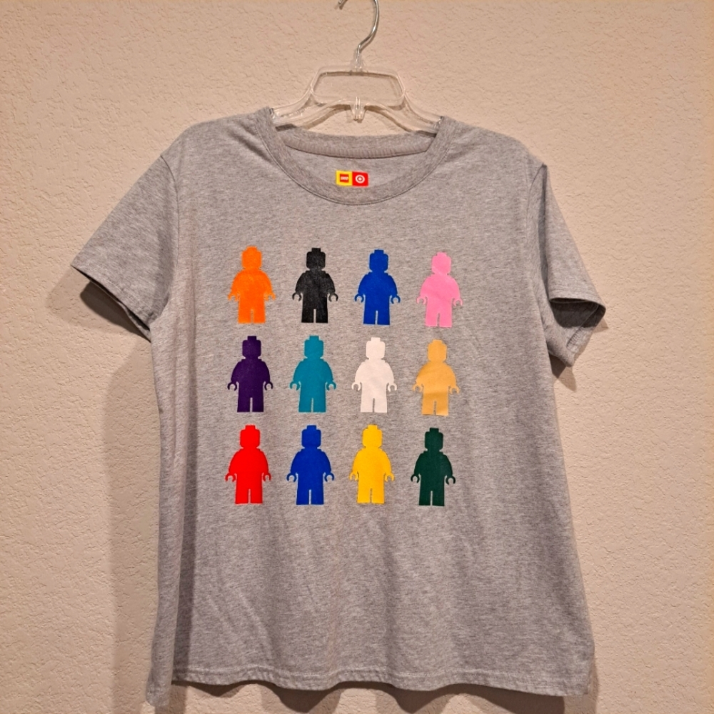 Lego people shirt women's size large gray colorful Lego figurines.